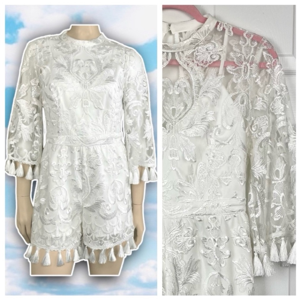 NWT TWOSISTERS THE LABEL Tassel Trim Sheer Floral Lace Boho Romper Bride Wedding